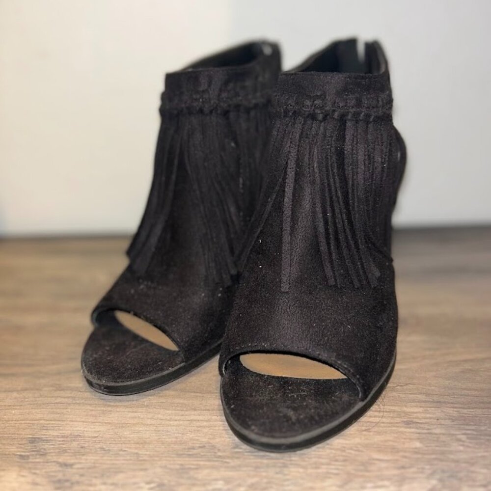 Fringe Black Peep Toe Wedge